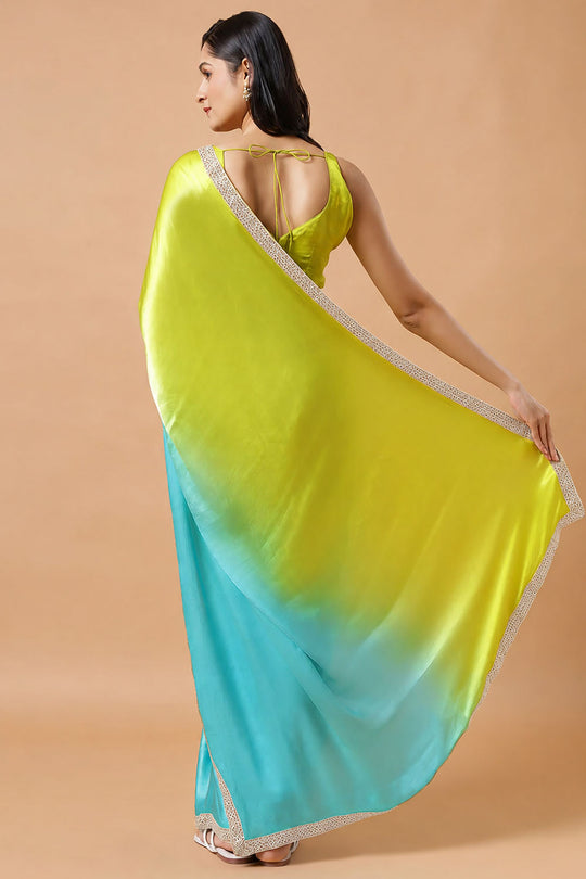 Chandini Turquoise &amp; Lime Ombre Silk With Gold Sequins Border One Minute Saree
