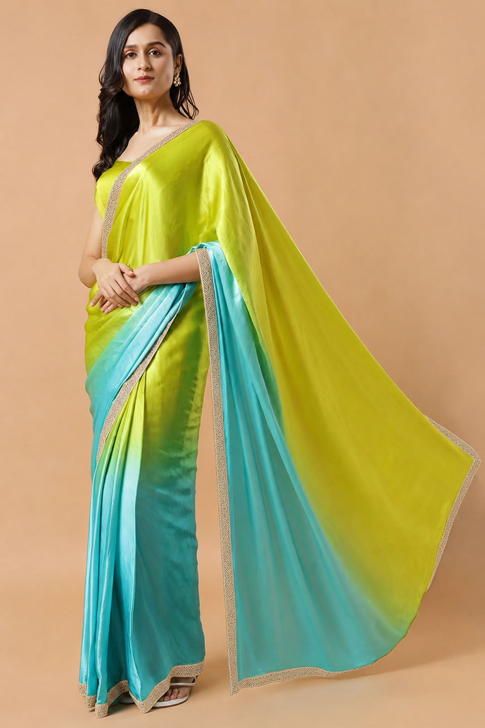 Chandini Turquoise &amp; Lime Ombre Silk With Gold Sequins Border One Minute Saree