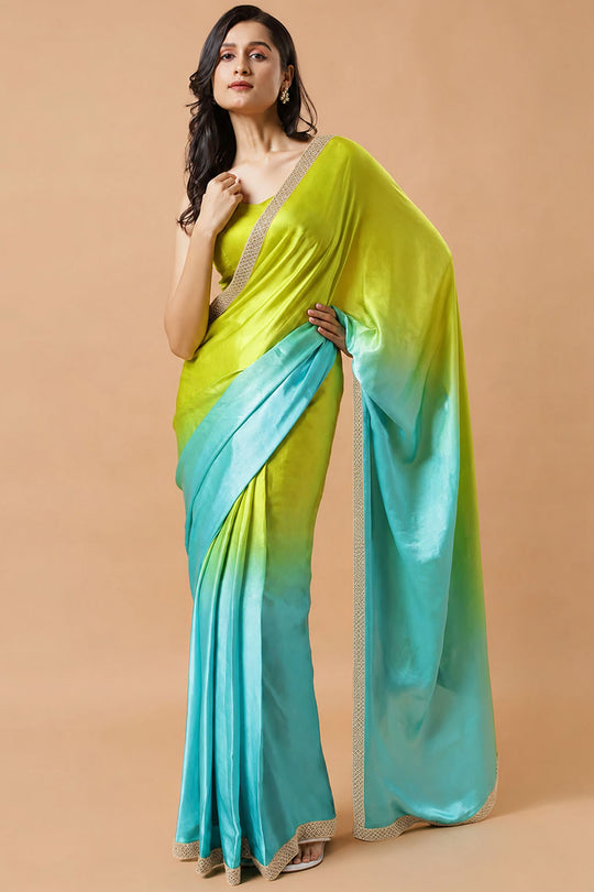 Chandini Turquoise &amp; Lime Ombre Silk With Gold Sequins Border One Minute Saree