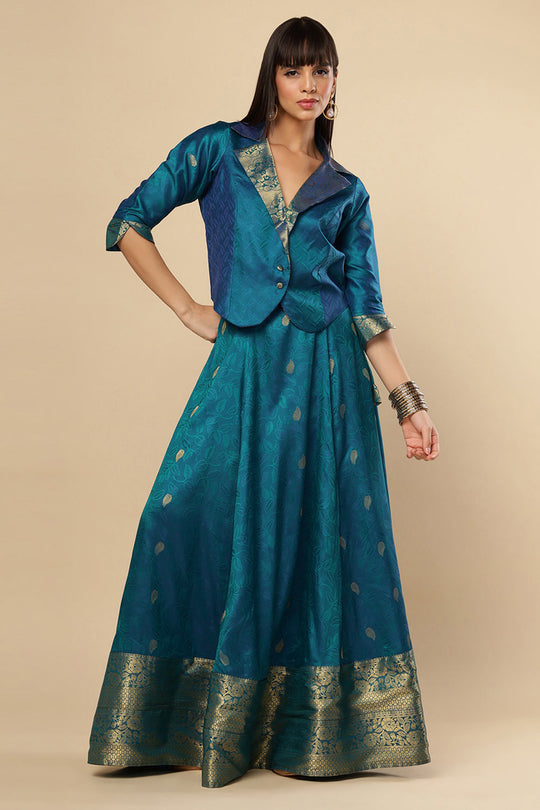 Adina Blue Silk Foil Print Lace Adjustable Waist Ethnic Saree Skirt