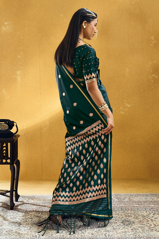 Pearl Bottle Green  Pure Satin Handloom Weaving Ready to Wear Saree