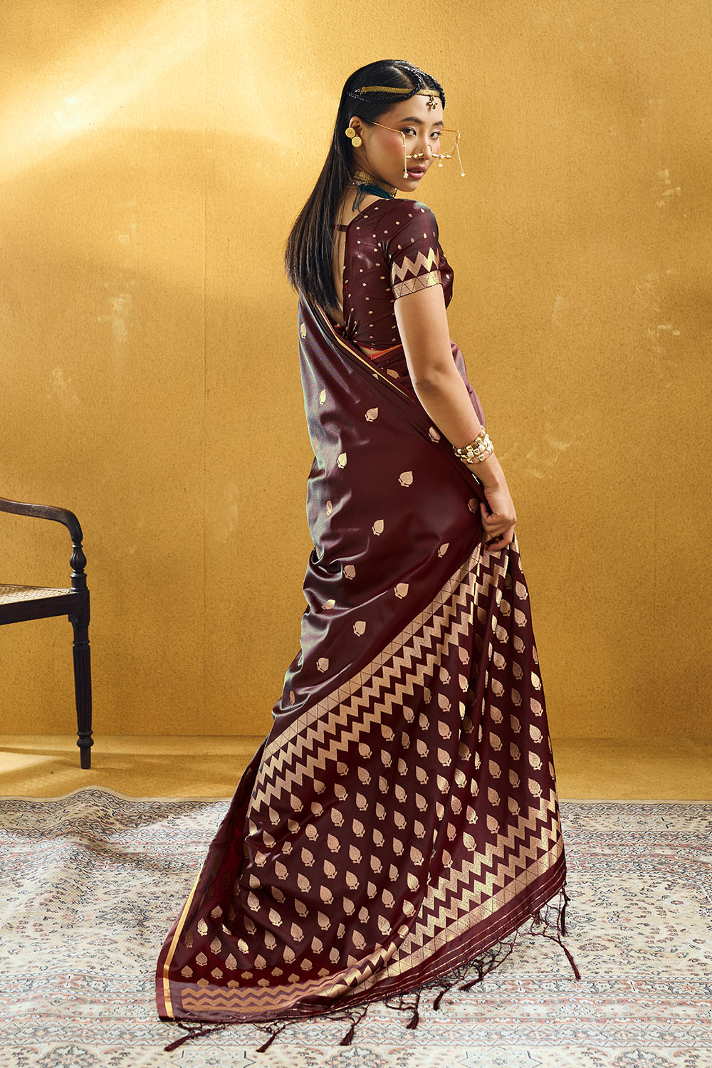 Pearl Maroon Pure Satin Handloom Weaving Ready to Wear Saree