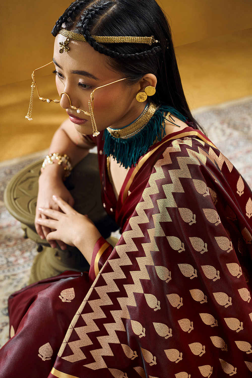 Pearl Maroon Pure Satin Handloom Weaving Ready to Wear Saree