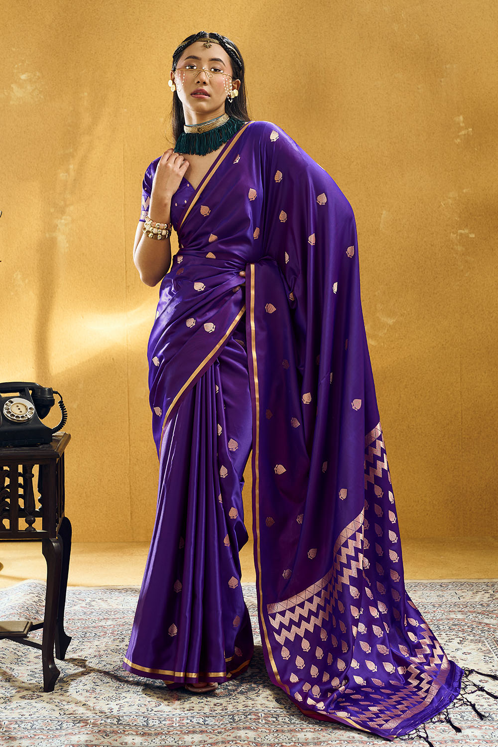 Pearl Royal Purple Pure Satin Handloom Weaving Ready to Wear Saree