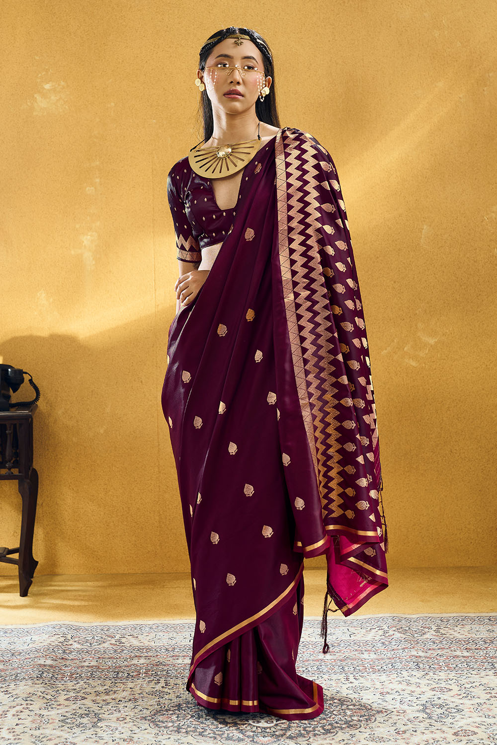 Pearl Wine Pure Satin Handloom Weaving Ready to Wear Saree