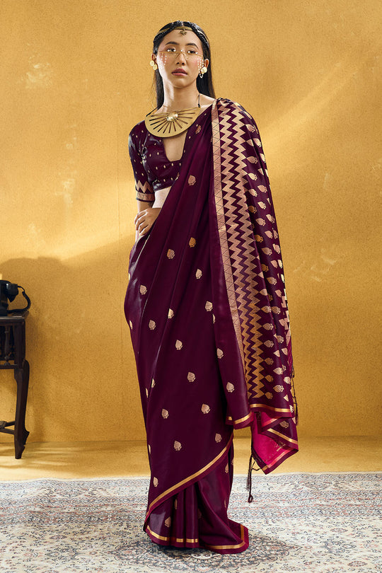 Pearl Wine Pure Satin Handloom Weaving Ready to Wear Saree