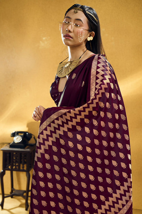 Pearl Wine Pure Satin Handloom Weaving Ready to Wear Saree
