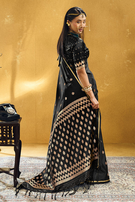 Pearl Black Pure Satin Handloom Weaving Ready to Wear Saree