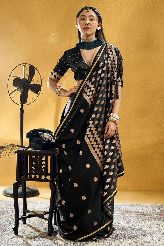 Pearl Black Pure Satin Handloom Weaving Ready to Wear Saree