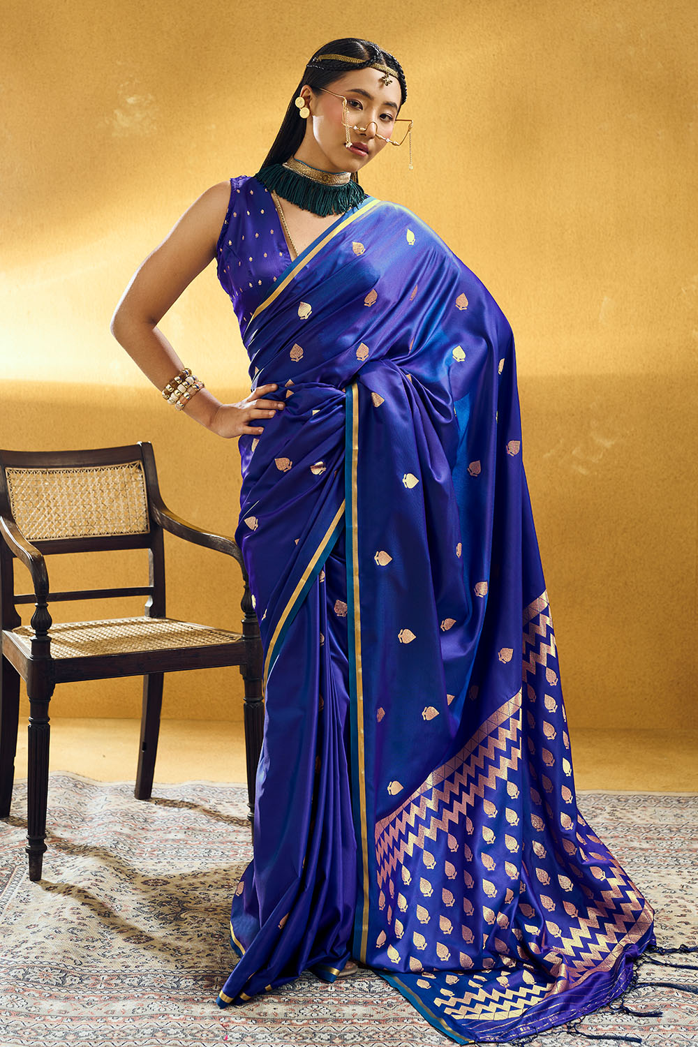 Pearl Royal Blue Pure Satin Handloom Weaving Ready to Wear Saree