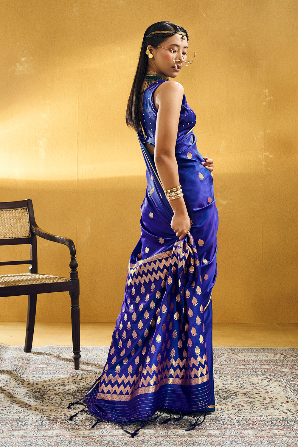 Pearl Royal Blue Pure Satin Handloom Weaving Ready to Wear Saree