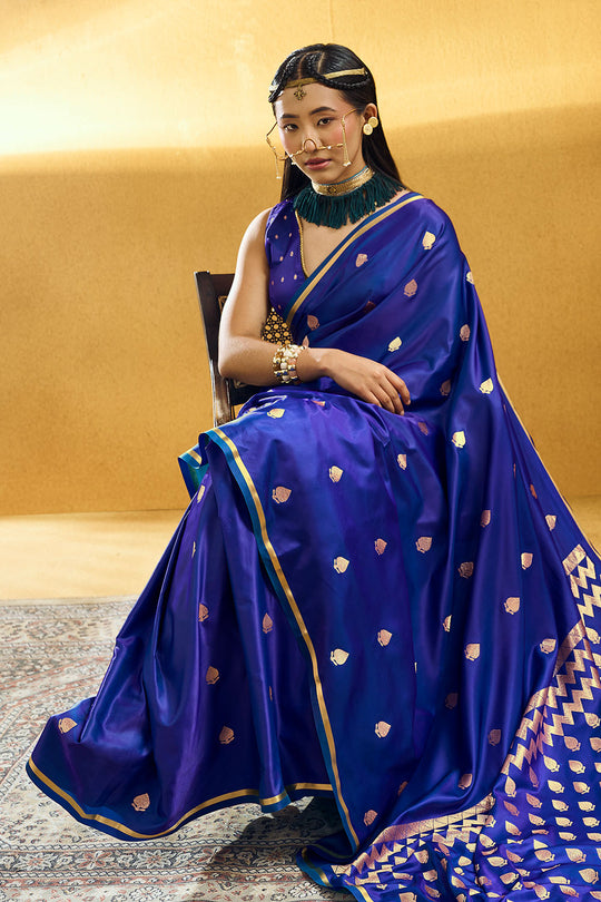 Pearl Royal Blue Pure Satin Handloom Weaving Ready to Wear Saree