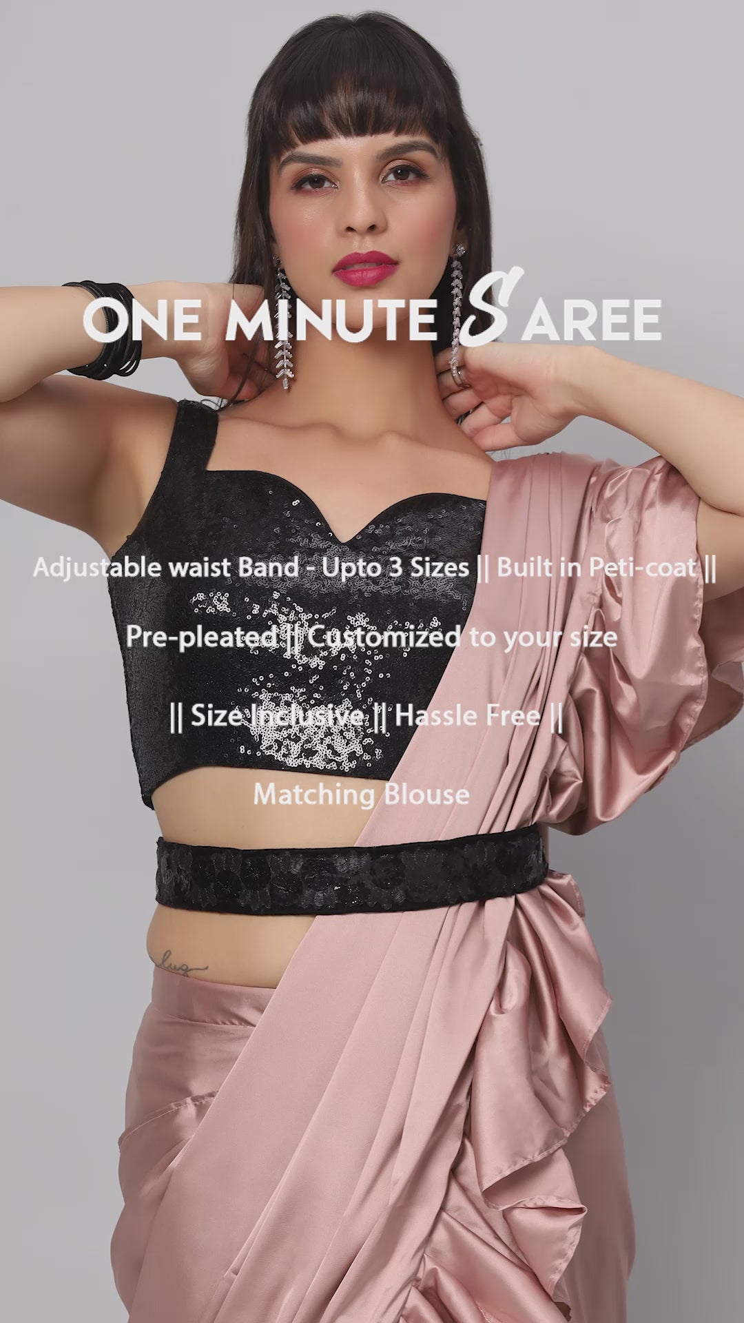 Priya Dusty Rose Satin Flat Ruffle One Minute Saree