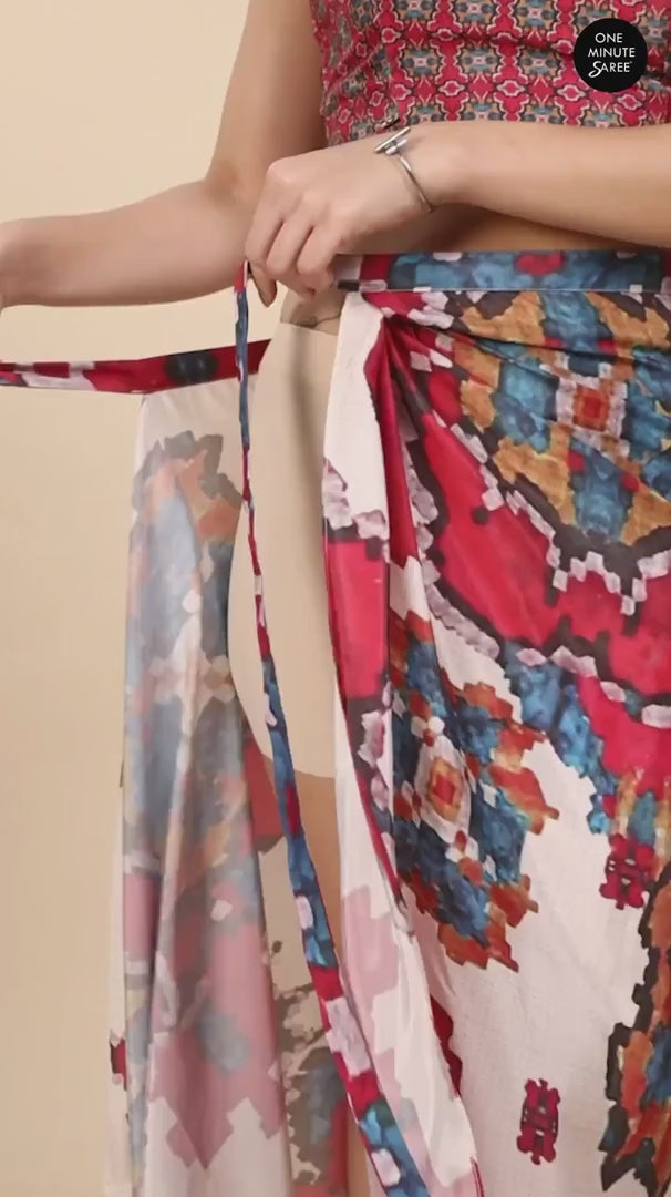 Kriss White Multi Kantha Digital Print Crepe Silk Sarong Saree