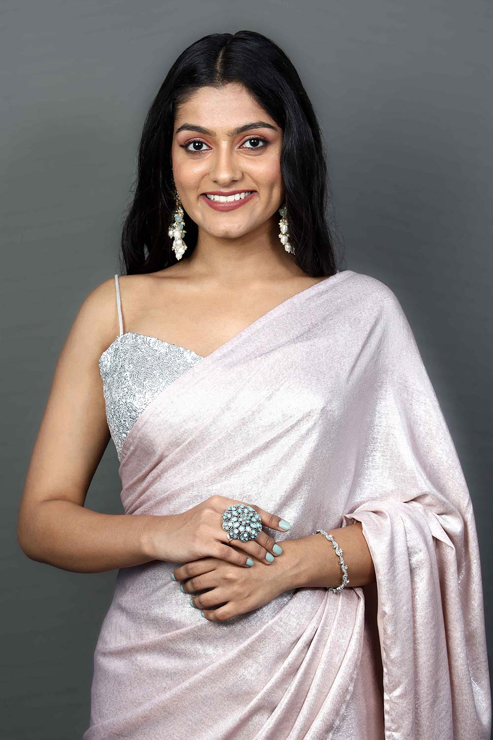 Buy Sylvie Blush Pink Shimmer One Minute Saree Online - Side