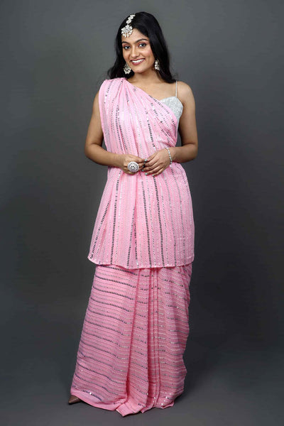 Buy Puja Pink Georgette Silver Sequins One Minute Saree Online
