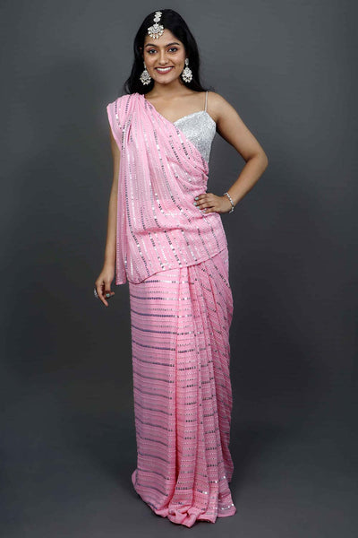 Buy Puja Pink Georgette Silver Sequins One Minute Saree Online - Back