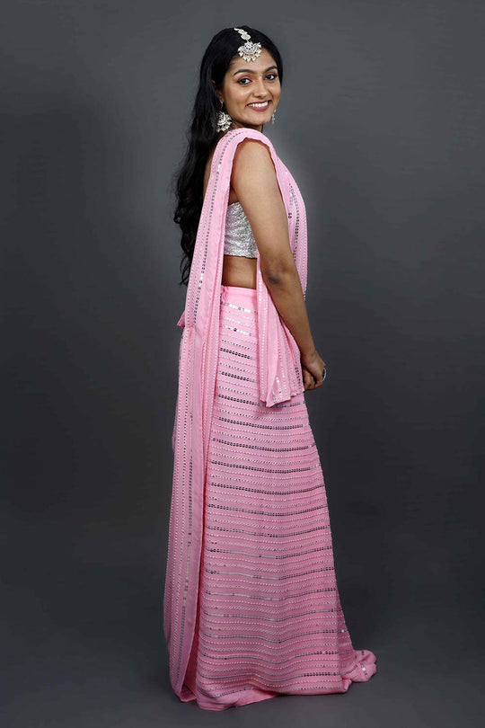 Buy Puja Pink Georgette Silver Sequins One Minute Saree Online - Front