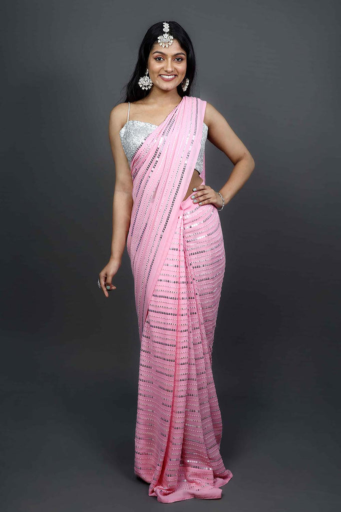 Women's Soft Silver Chiffon Saree With Silver Zari Woven Lining Allover ( Pink) - Stava Creation | Chiffon saree, Lace saree, Chiffon