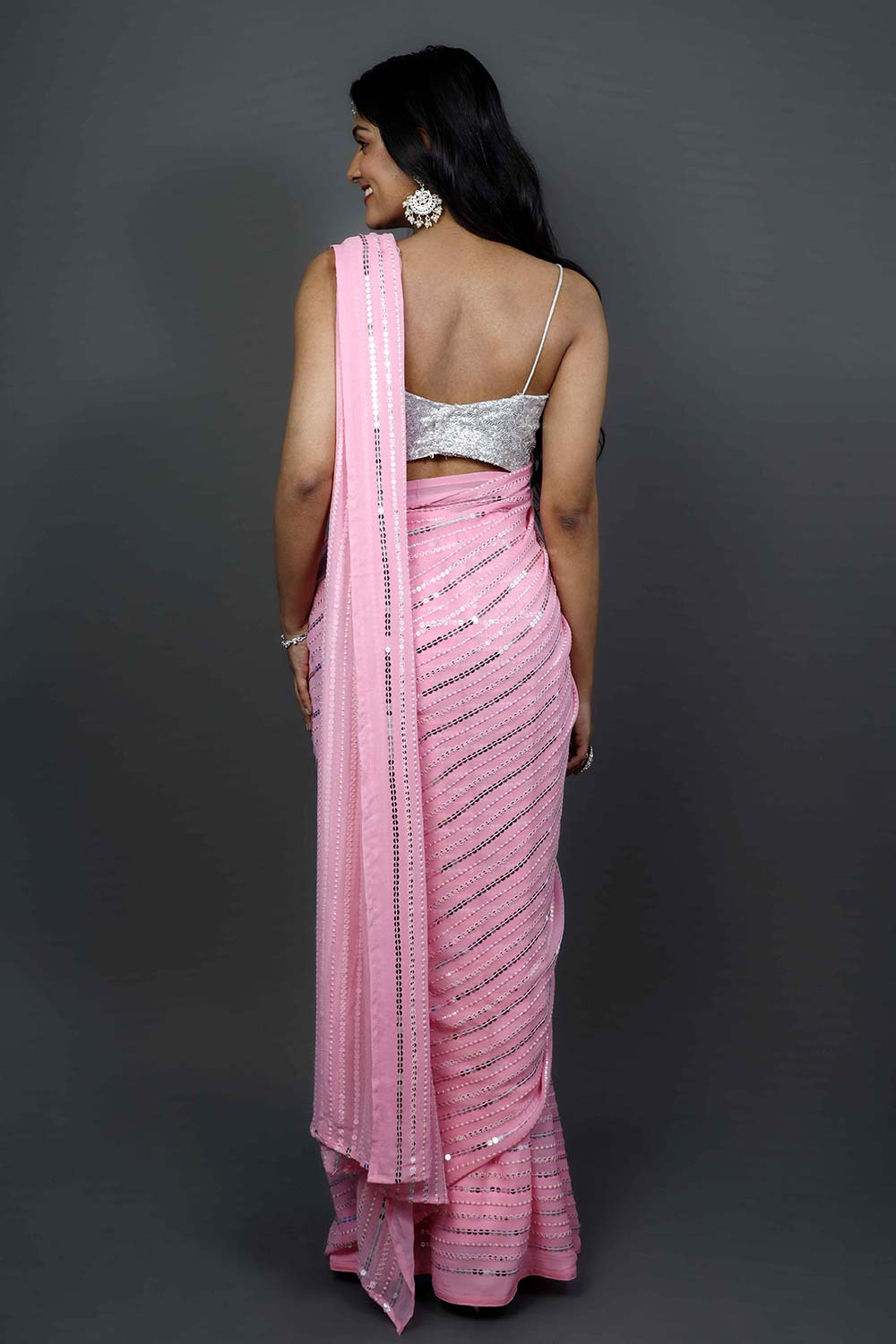 Shop Puja Pink Georgette Silver Sequins One Minute Saree at best offer at our  Store - One Minute Saree