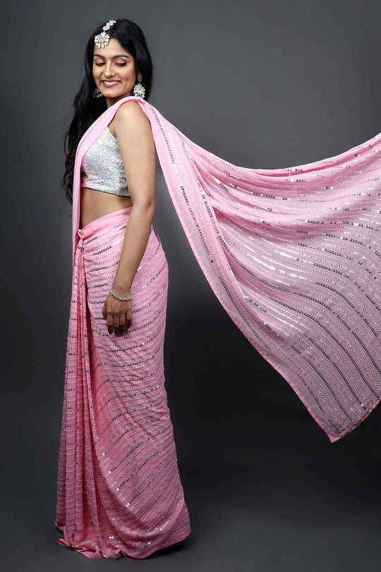 Buy Puja Pink Georgette Silver Sequins One Minute Saree Online - Zoom In