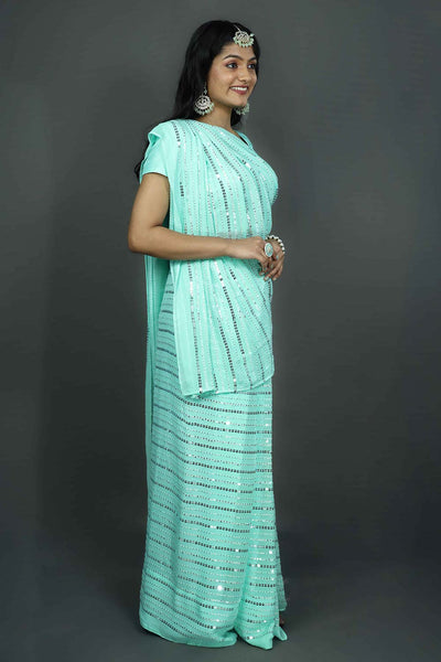 Ariel Turquoise & Silver Sequins One Minute Saree