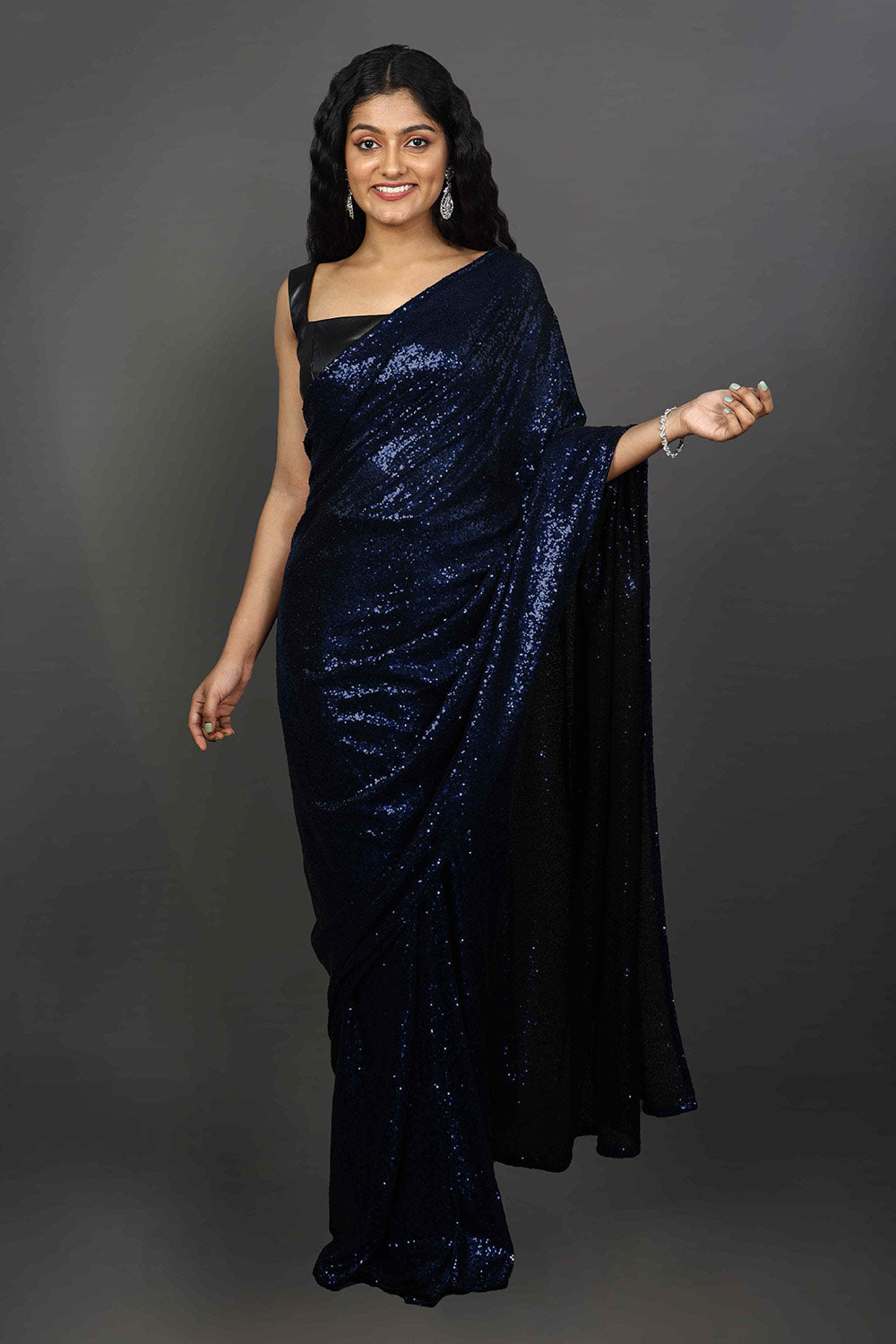 Buy Raina Blue Sequins Net One Minute Saree Online - One Minute Saree