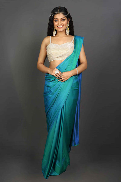 Buy Shana Ombre Peacock Blue Satin One Minute Saree Online - Side