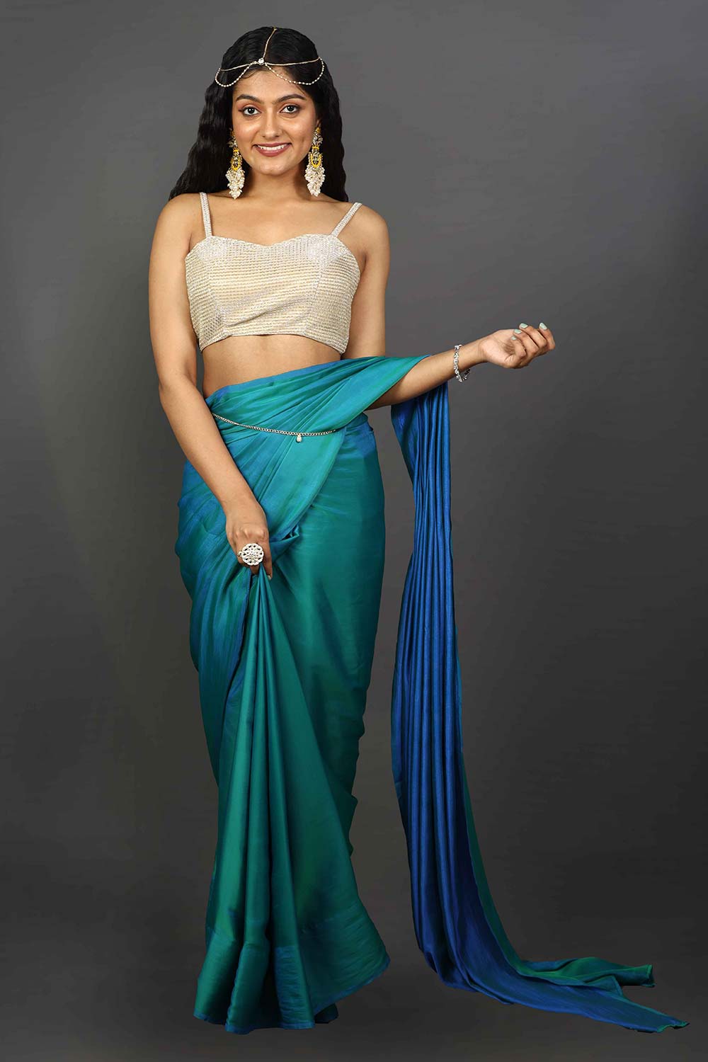 Buy Shana Ombre Peacock Blue Satin One Minute Saree Online - Zoom Out