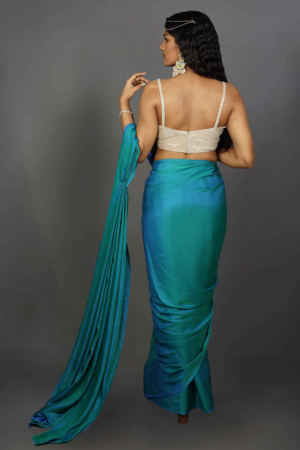 Buy Shana Ombre Peacock Blue Satin One Minute Saree Online - Back