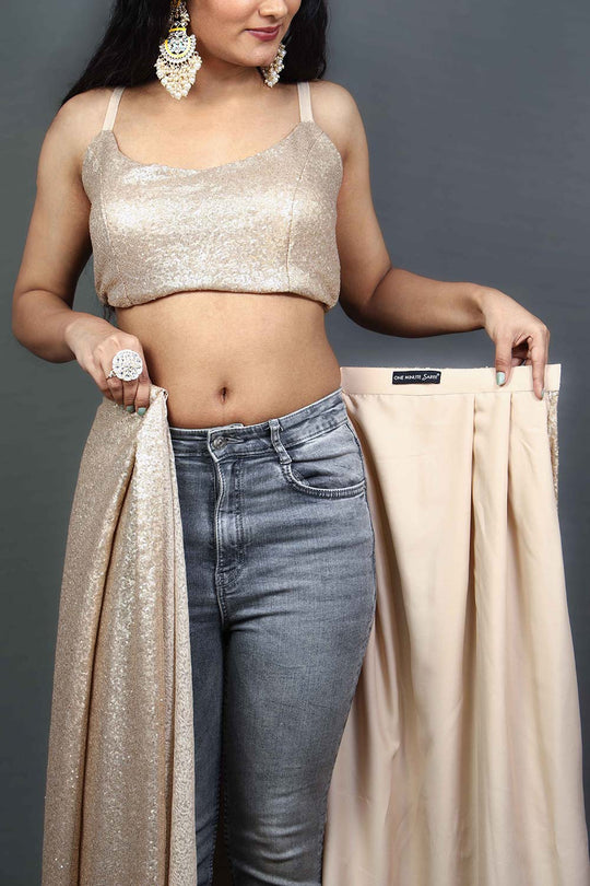 Buy Lara Matte Gold Sequins One Minute Saree Online