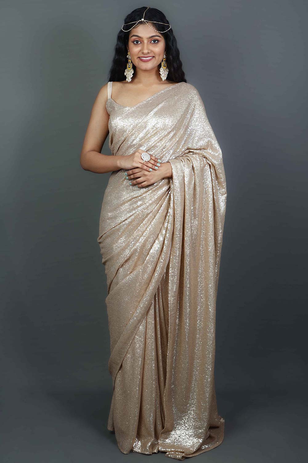 Buy Lara Matte Gold Sequins One Minute Saree Online - Back