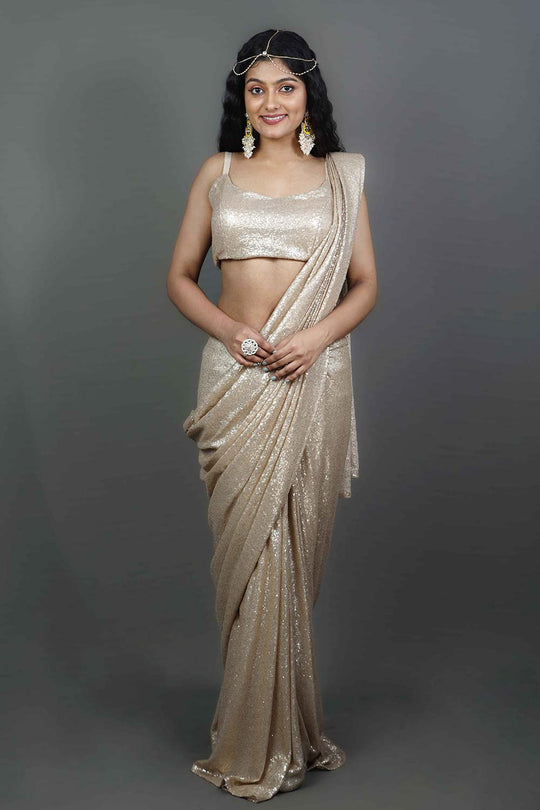 Buy Lara Matte Gold Sequins One Minute Saree Online - One Minute Saree