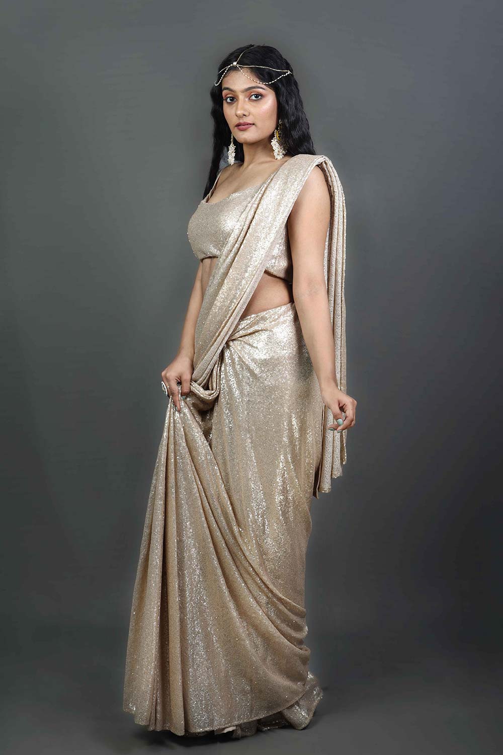 Buy Lara Matte Gold Sequins One Minute Saree Online - Side