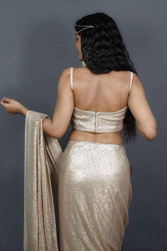 Buy Lara Matte Gold Sequins One Minute Saree Online - Zoom In