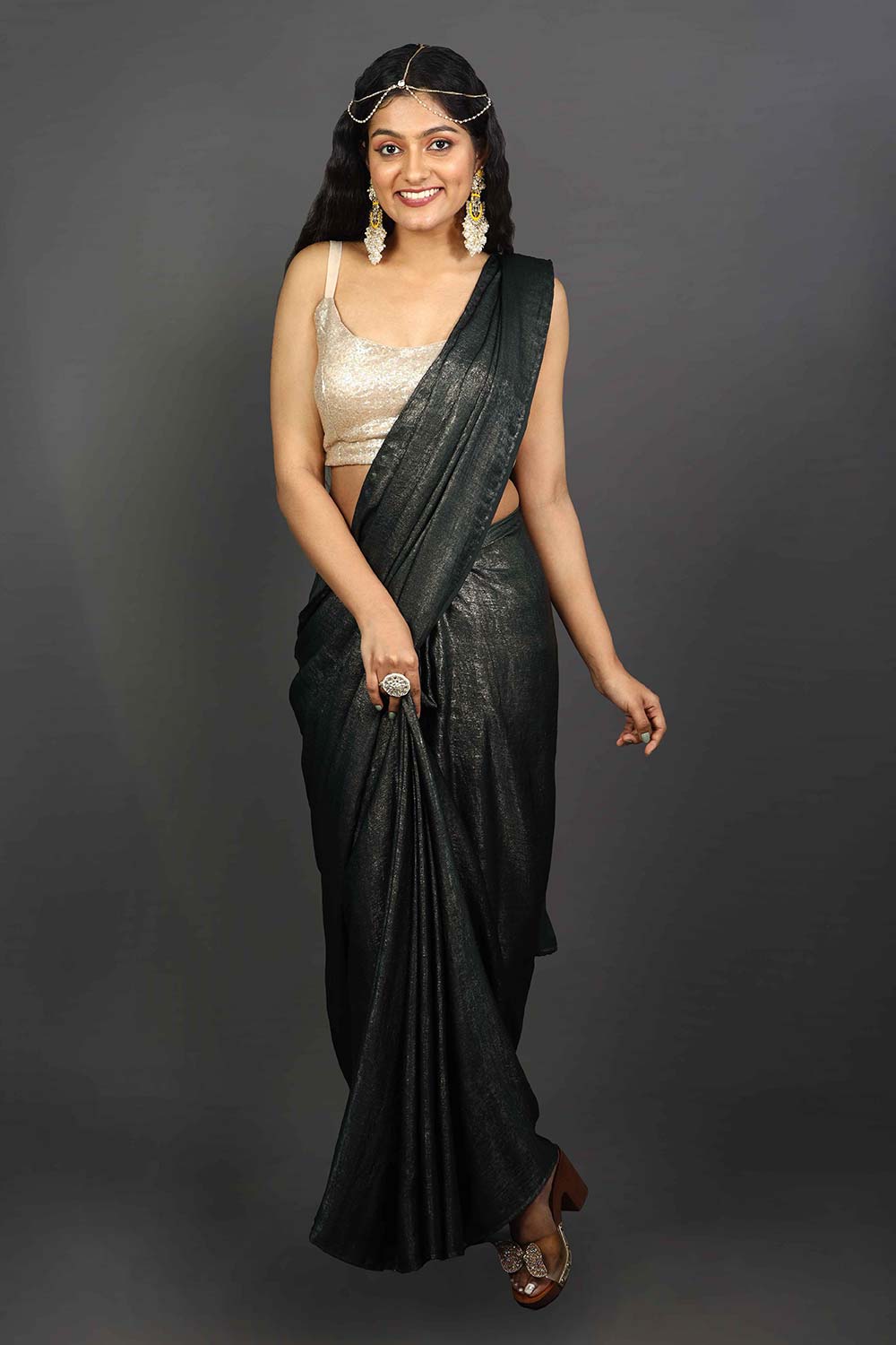 Buy Gaia Grey and Gold Shimmer One Minute Saree Online - One Minute Saree
