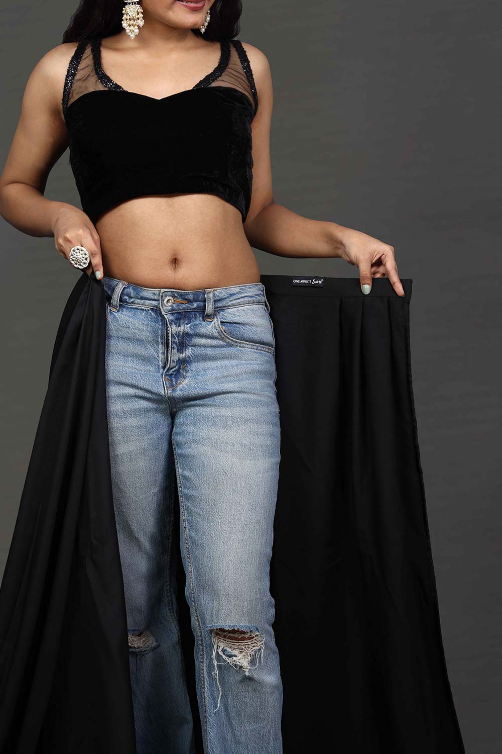 Buy Maya Black Satin One Minute Saree Online