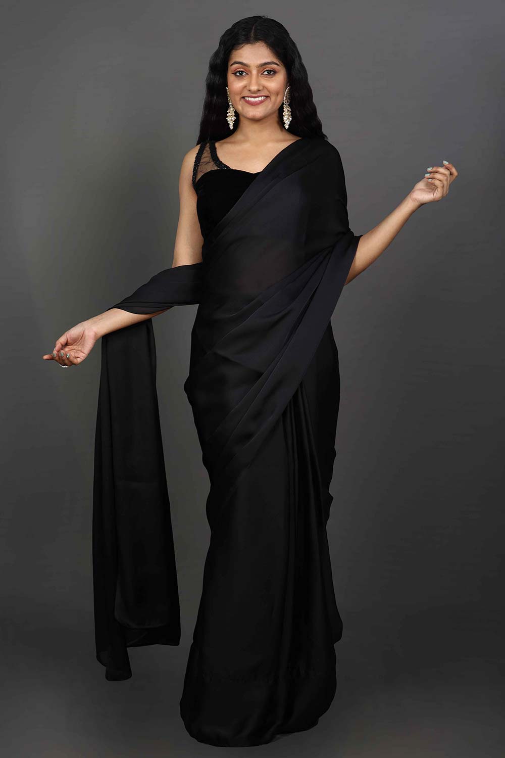 Buy Maya Black Satin One Minute Saree Online - Side