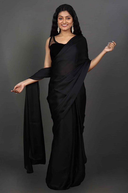 Buy Maya Black Satin One Minute Saree Online - Side