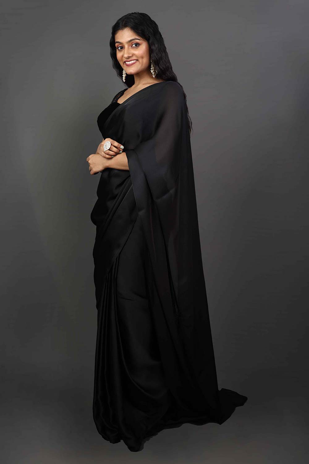 Buy Maya Black Satin One Minute Saree Online - Front