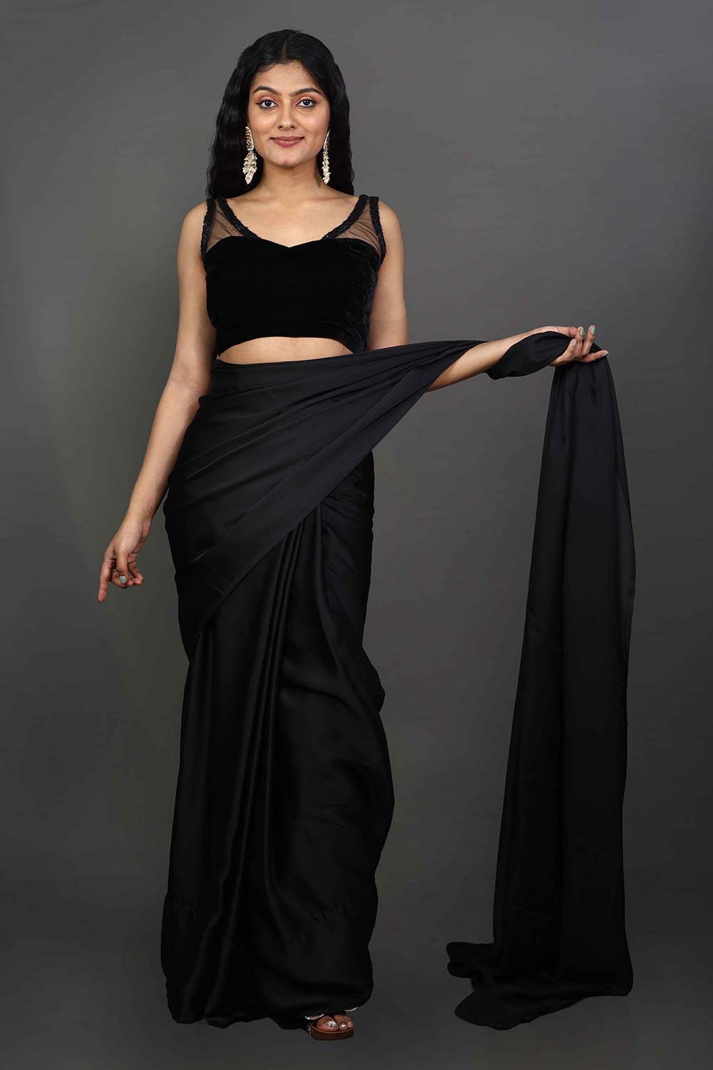 Buy Maya Black Satin One Minute Saree Online - Zoom In