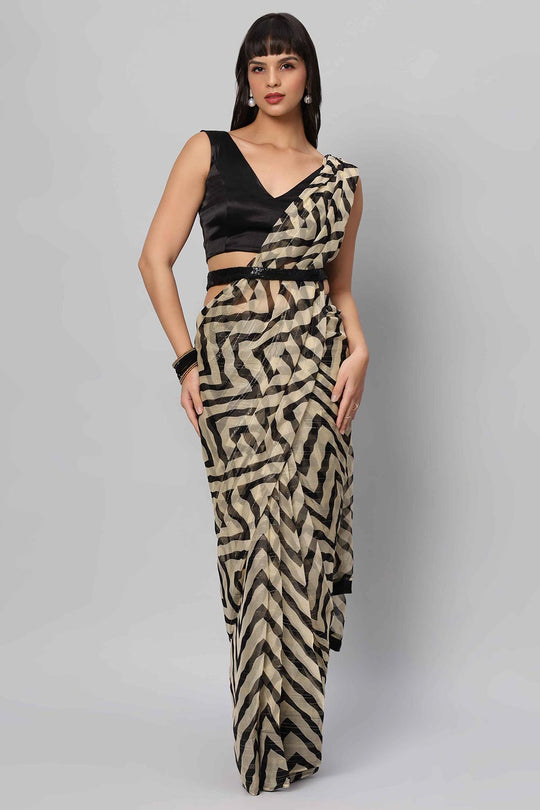 Buy Maya Cream & Black Zigzag Georgette One Minute Saree Online - Back