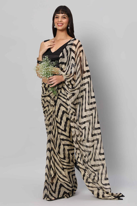 Buy Maya Cream & Black Zigzag Georgette One Minute Saree Online - Front