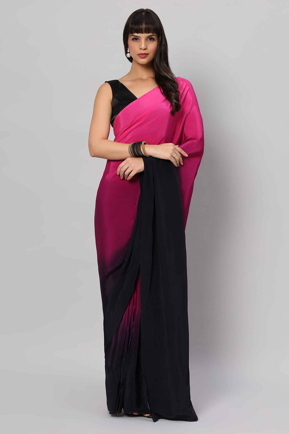 Buy Alia Pink & Dark Grey Ombre Crepe One Minute Saree Online - One Minute Saree