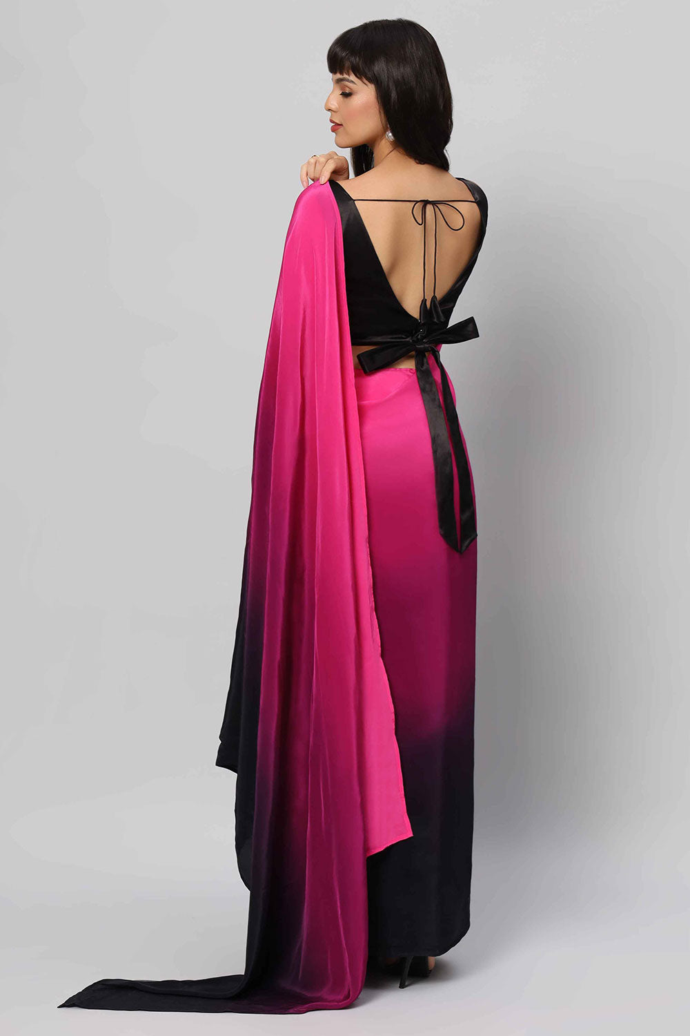 Buy Alia Pink & Dark Grey Ombre Crepe One Minute Saree Online - Side