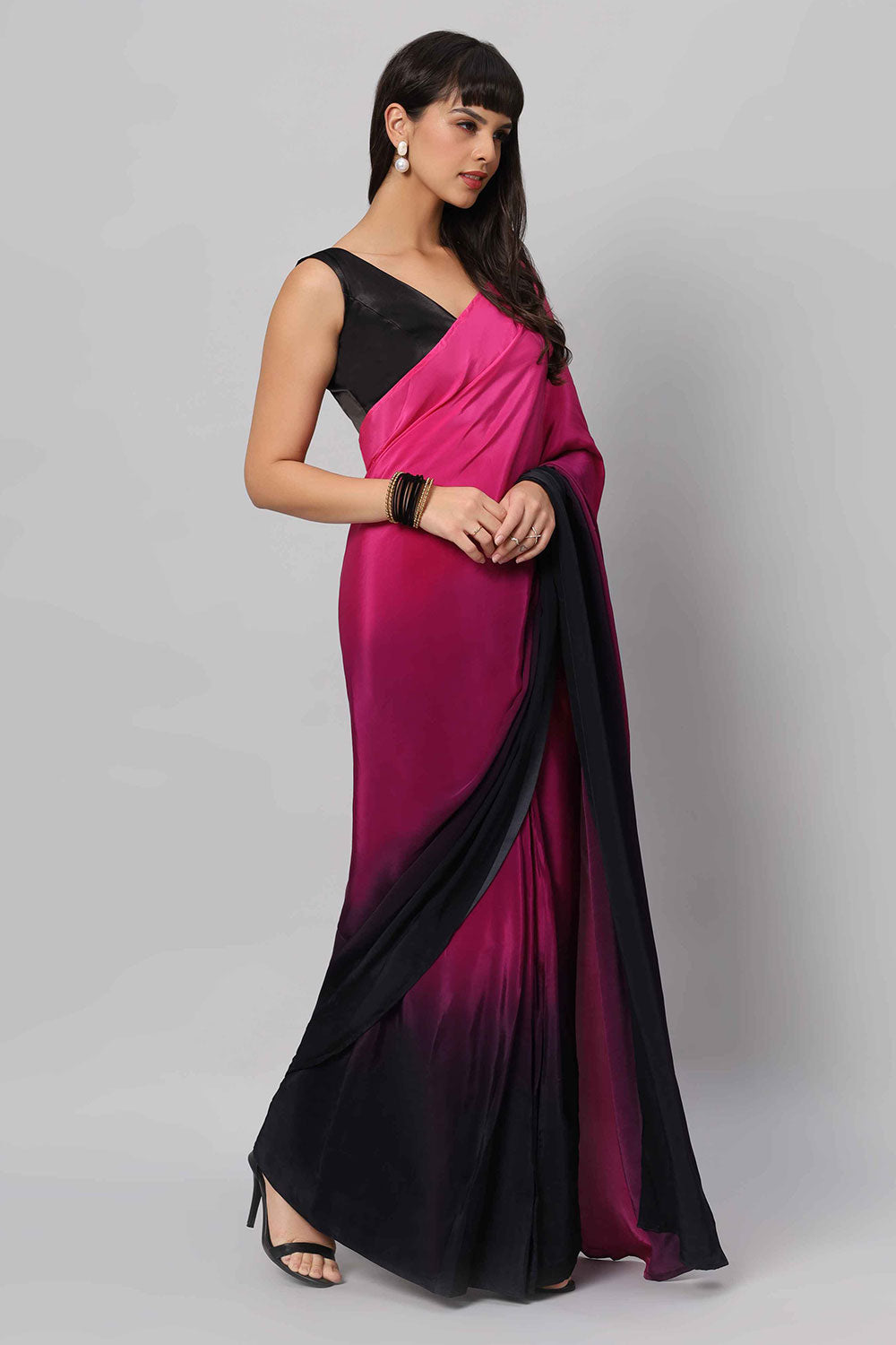 Buy Alia Pink & Dark Grey Ombre Crepe One Minute Saree Online