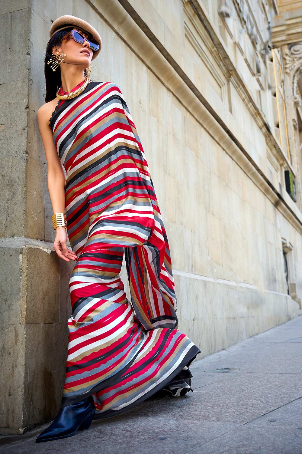 Shop Kubik Multi-Color Stripes Printed Satin Crepe Saree at best offer at our  Store - One Minute Saree