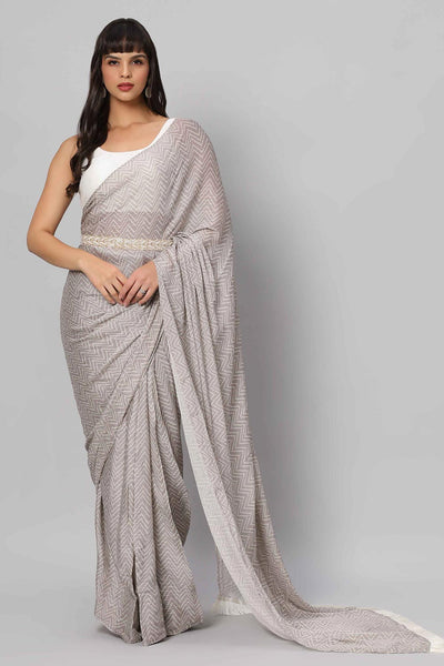 Buy Mehr Grey & White Zigzag Sequins Crepe Silk One Minute Saree Online - One Minute Saree