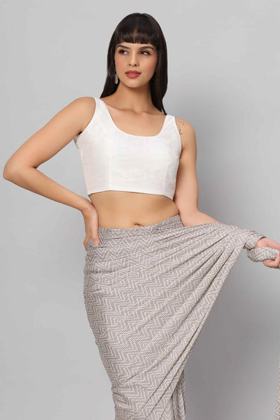 Buy Mehr Grey & White Zigzag Sequins Crepe Silk One Minute Saree Online - Front