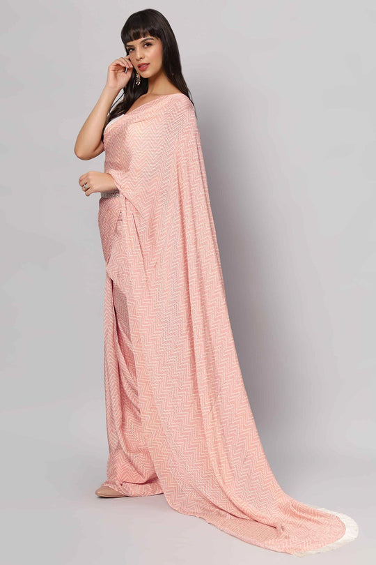 Buy Mehr Peach & White Zigzag Sequins Crepe Silk One Minute Saree Online